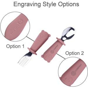 A pink silicone cutlery set featuring a fork and spoon with bear-shaped handles and a branding logo.