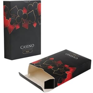A black playing card box featuring red and black card suit designs, partially open with a logo on the front.