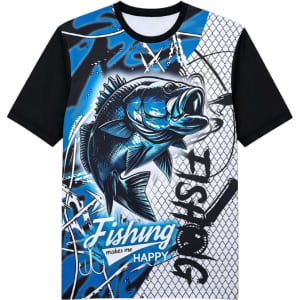 A vibrant blue and black fishing T-shirt featuring a fish graphic and mesh design, complete with a logo.