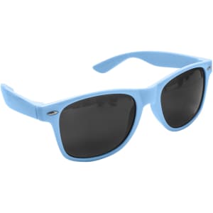 Light blue RPET sunglasses with dark lenses and a logo on the frame.