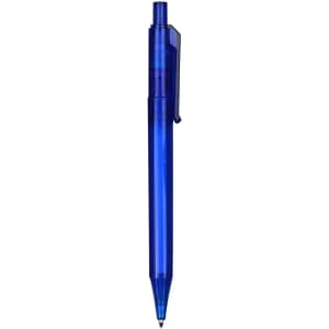 A transparent blue plastic pen with a cap and clip, featuring a black ink tip. Includes branding on the barrel.