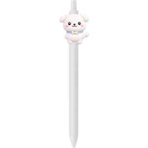 A custom white pen with a cute dog-shaped topper, featuring a collar and a bone detail. It has a logo on the body.