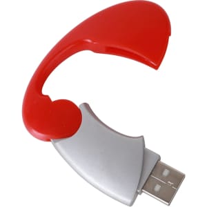 A red and silver oval clip flash drive, featuring a sleek design and a branding logo.