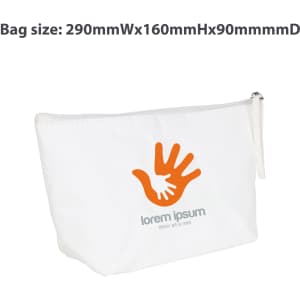 A white cosmetic bag with a logo and a hand graphic, featuring a zipper closure, measuring 290x160x90mm.