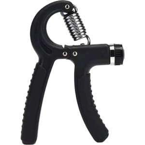 A black adjustable hand grip with a spring mechanism and textured handles for improved grip.