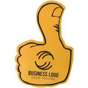 A yellow foam mitt shaped like a thumbs-up with a logo and tagline printed on it.