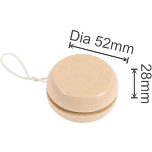 A wooden yoyo in light wood with a diameter of 52mm and a height of 28mm, featuring a string attached.