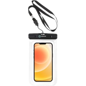 A waterproof phone bag in clear with a black seal and strap, designed for secure phone storage.