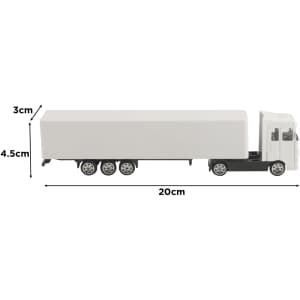 A toy truck in black and white, measuring 20 cm long, 4.5 cm high, and 3 cm wide, with a logo on the side.