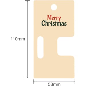 A cream-coloured product card with a hole and slot, featuring "Merry Christmas" printed in red and green.