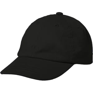 A black sport cap with a curved brim and ventilation holes, featuring a logo on the front.