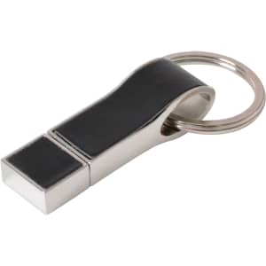 A black and silver flash drive with a keyring attachment. It has a sleek, modern design.