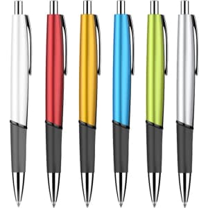 A collection of six plastic pens in white, red, yellow, blue, green, and gray, featuring a logo on each.