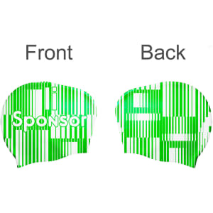 A silicone swim cap designed for women with long hair, featuring a green and white striped pattern and a logo.