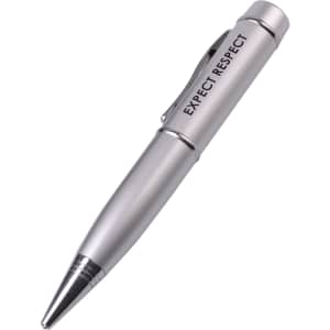 A silver pen with a shiny finish and a clip, featuring the words "EXPECT RESPECT" engraved on the side.