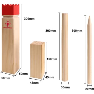 A premium wooden Kubb set featuring natural wood pieces with a red crown, including varying sizes of blocks and pins.