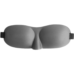 A cushioned eye mask in grey, featuring contours for comfort and an adjustable strap, with a logo on the side.