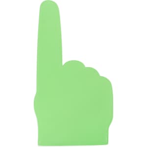 A giant foam hand in bright green, shaped like a hand with an extended index finger, featuring a logo.