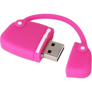 A pink handbag-shaped flash drive with a removable cap and a flexible connector. It features a logo.