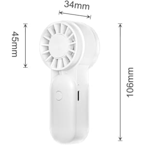 A white mini portable handheld fan with a circular vent and a button, measuring 106mm by 45mm.