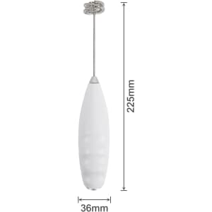 A white milk frother with a long stainless steel whisk attached, featuring a circular whisk head.
