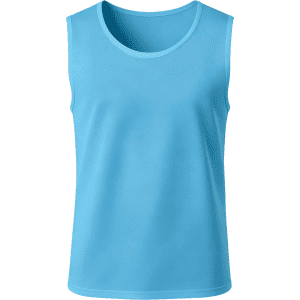 A light blue, sleeveless training bib made of 100% polyester mesh, featuring a logo.