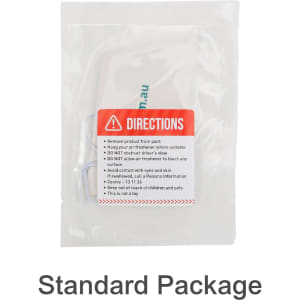 A sealed package containing a custom car air freshener with instructions. The package includes safety information.