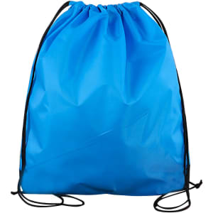 A blue polyester drawstring bag with black drawstrings, featuring a simple design and no visible logos.