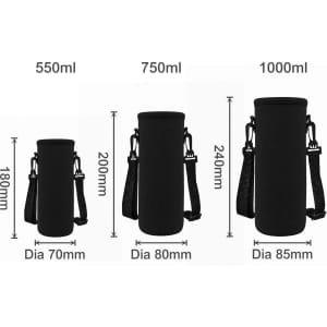 A drink bottle carrier in black, featuring different sizes and a strap for easy transport. It has a logo.