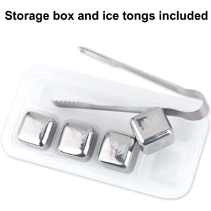 A storage box with four stainless steel ice cubes and ice tongs, all featuring a shiny silver finish.