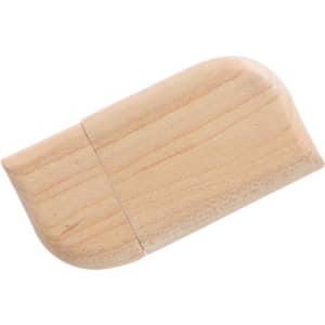 A wooden butterfly flash drive in a natural wood finish, with a smooth, rounded design and a branding logo.
