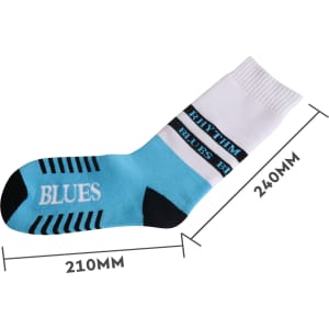 Crew Woven Bamboo Work Socks in blue and white, featuring a logo and striped design. Dimension markings included.