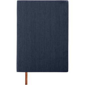 A navy blue PU leather notebook with a textured surface and a contrasting brown ribbon bookmark.