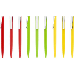 A collection of plastic pens in red, green, and yellow with silver clips, featuring a simple design and branding.