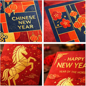 Four decorative Chinese New Year envelopes in vibrant red and gold featuring lanterns, flowers, and a horse design.