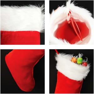 A red and white embroidered Christmas stocking with a fluffy trim and bright interior, featuring sweets inside.