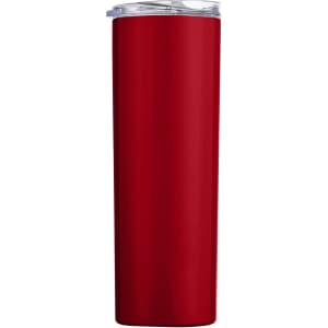 A drink bottle in a solid red finish, featuring a stainless steel double wall and a clear lid. It has a logo.