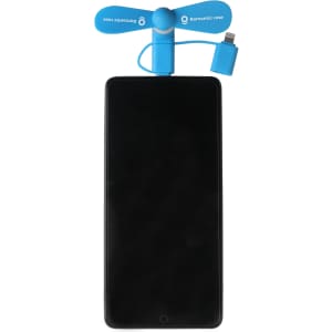 A blue 3 in 1 smart phone fan attached to a black smartphone, featuring a small connecting port.