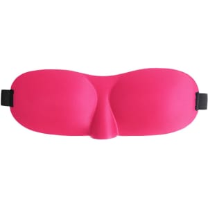 A bright pink cushioned eye mask featuring a contoured design and adjustable straps. It has a logo on one side.