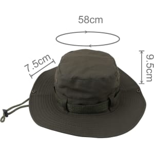 A dark green outdoor brim hat with a drawstring, featuring measurement annotations and a logo.