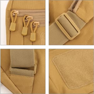 Four images of a tactical sling bag in sandy beige, highlighting zippers, a strap buckle, and a patch area.