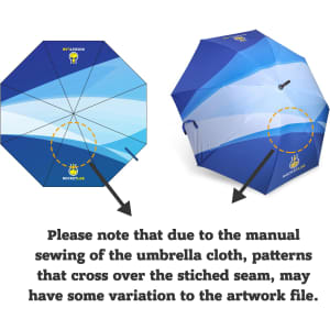 A blue lightweight umbrella with a wooden handle and an accompanying logo, featuring an octagonal shape and stitched seams.