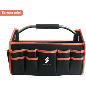 A black tool carrier bag with orange accents and multiple pockets, featuring a metal handle and a logo.