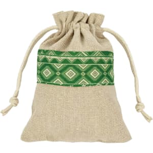 A drawstring bag made of cotton linen, featuring a green patchwork design and a natural jute body.