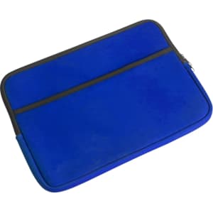 A blue laptop bag with a zip closure and black trim, featuring two zippered compartments.