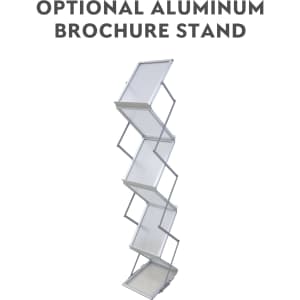 A brochure stand made of aluminium features multiple clear display pockets arranged in a zigzag pattern.