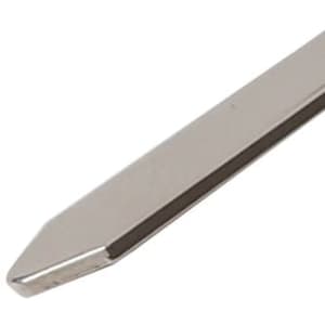 A metal bookmark with a sleek, silver design featuring a pointed end for easy page marking.