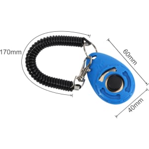 A pet training clicker in blue with a coiled black lanyard, featuring a keyring attachment.