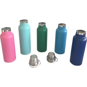 A drink bottle set featuring pink, teal, green, blue, and navy bottles with stainless steel lids.