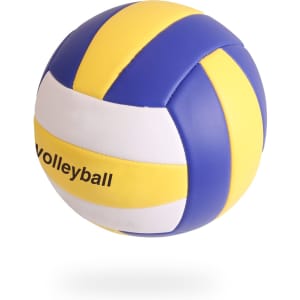 A blue and yellow volleyball with white panels and a logo, designed for leisure and outdoor activities.